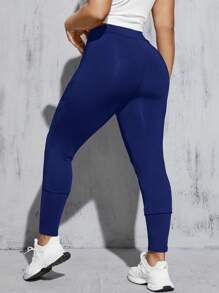 SHEIN Essnce Plus Size Navy Blue Knitted Fabric Leggings With Contrast Mesh Panels For A Casual Style - Navy Blue - View 2