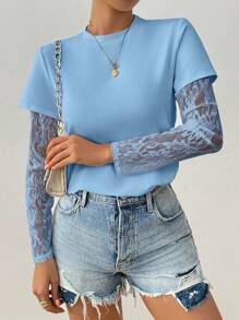 Chiquease Women's Round Neck Fashion Lace Sheer Long Sleeve T-Shirt