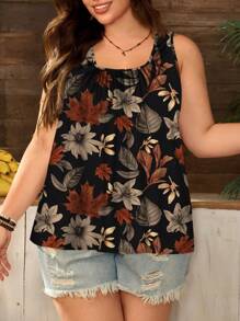 EMERY ROSE Camiseta de tirantes holgada con estampado de hojas y flores en estilo minimalista, adecuada para talla grande, primavera/verano y salidas, vacaciones - Multicolor - Ver 5