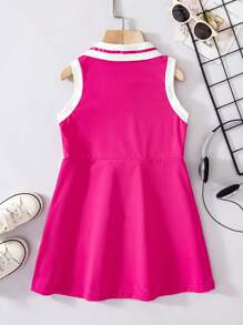 SHEIN 年轻女孩无袖简约风格方领夏季连衣裙 - 玫紅色 - 查看 3