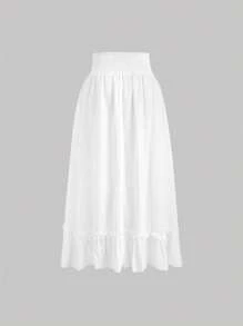 SHEIN MOD Women's White Woven Fabric Casual Long Skirt With Ruffle Hem Detail