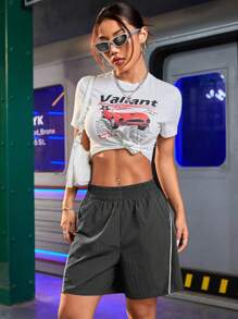 Streetz SHEIN Sport Women's Elastic Waist Wide Leg Loose Casual Sports Shorts - Grey - View 5