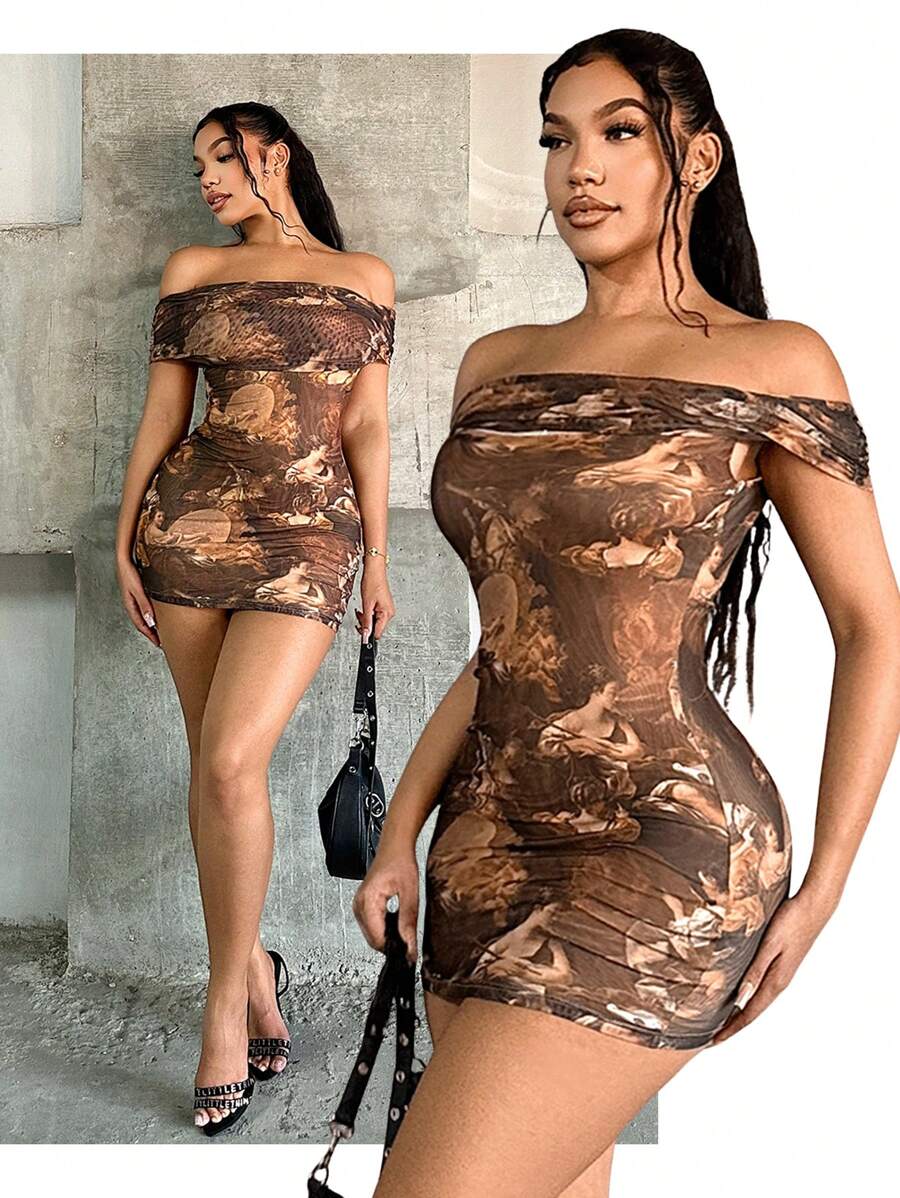 SHEIN SXY 女士露肩修身时尚印花连衣裙 - 彩色 - 查看 1