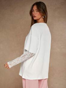 COSMINA Women's Lace Patchwork 2 In 1 T-Shirt, Autumn/Winter - White - View 2