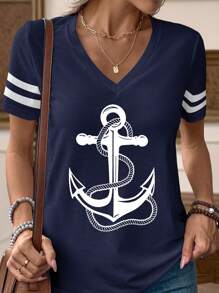 INAWLY White Iron Cone Print Casual V-Neck Short Sleeve T-Shirt For Women, Summer