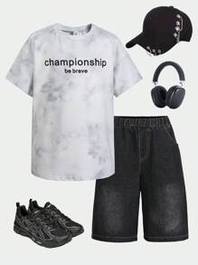 2 件套 Tween Boy 活力扎染字母印花圆领 T 恤和宽松牛仔裤套装，适合日常穿着、派对、音乐节、学校、度假 - 彩色 - 查看 7