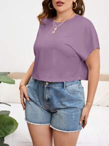 SHEIN Essnce Plus Size Women's Solid Color Round Neck Casual Cropped T-Shirt