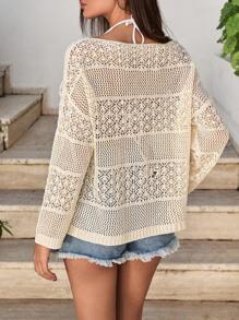 EURMUSE Women Frill Detailed Boho Beachwear Cover Up Summer Sweater Summer Tops Women Knit Tops Women S Sweaters Knit Sweater Women Summer Long Sleeve Tops - Beige - View 2