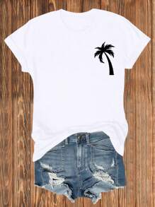 Flirla Plus Size Summer Casual Palm Tree Print Short Sleeve T-Shirt - White - View 4