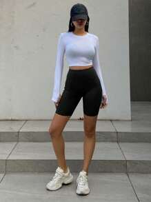 DAZY Women High Waist Solid Color Short Casual Leggings - Black - View 2