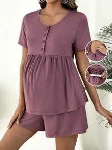 SHEIN Umstandsmode Set aus einfarbigem Stillshirt mit kurzen Ärmeln und halboffenem Ausschnitt sowie Shorts, lässiger Anzug für Schwangere