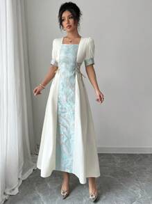 Elenzga Elegante vestito lungo da donna con scollo quadrato, coulisse e tessuto jacquard