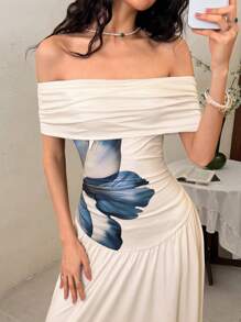 EastFlair 女士优雅花卉印花露肩连衣裙