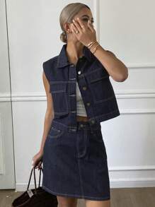 Livesso Fitted Short Denim Jacket And Shorts Set For Women - Dark Wash - View 4