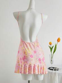 Sweetina 性感迷你连衣裙，碎花，细肩带，露背设计，女士度假装，狂欢装，夏季服装，毕业礼服，波西米亚风度假狂欢装，优雅度假装，女士休闲婚礼宾客礼服，女士