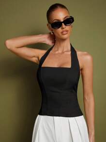 COSMINA Parte superior de halter blanca para mujer, elegante para ocasiones formales, uso diario en la oficina, estilo de influencer, coqueta, estilo de dinero antiguo, atuendos de verano