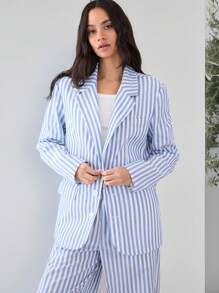 Manfinity VCAY 2pcs/Set Loose Woven Striped Imitation Linen Suit Set, Including Jacket And Wide Leg Pants - Blue and White - View 4