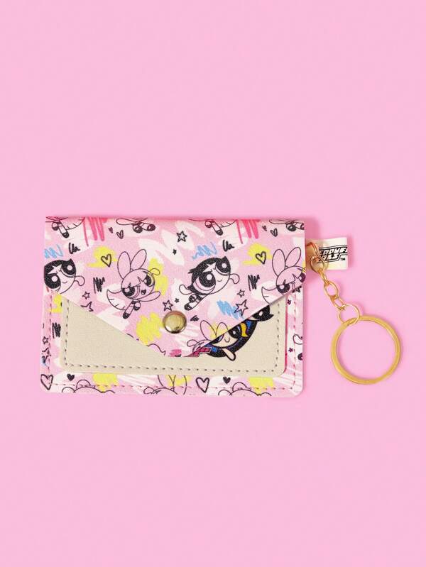 THE POWERPUFF GIRLS X SHEIN محفظة بطاقات/بطاقة ائتمان من النساء ذات بصمة ملونة مطبوعة بتصميمات زهور البرعم والفقاعات والألوان الزاهية، محفظة صغيرة