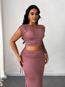 SHEIN Unity Plus Size Women 2pcs Set Asymmetric Collar Cropped Top And Long Skirt - Rusty Rose - View 3