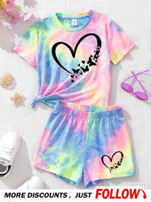 SHEIN Leap Crew Tween Girls' Casual Heart Pattern Short Sleeve Top And Shorts Set For Summer - Multicolor - View 1