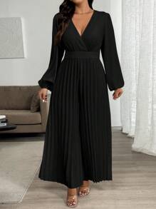 SHEIN Clasi 女式加大码优雅纯色 V 领灯笼袖长款连体裤 - 黑色 - 查看 1
