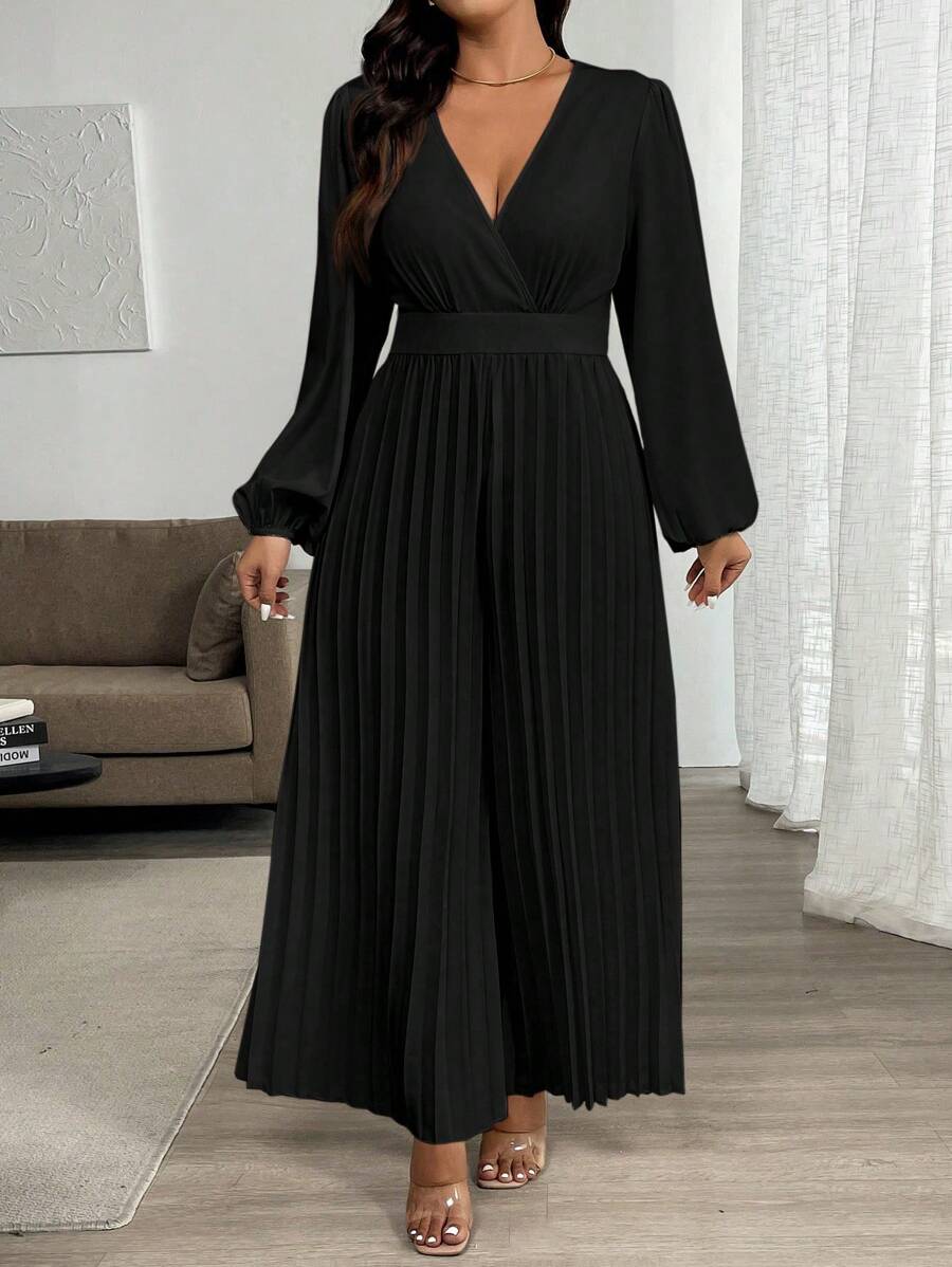 SHEIN Clasi 女式加大码优雅纯色 V 领灯笼袖长款连体裤 - 黑色 - 查看 1