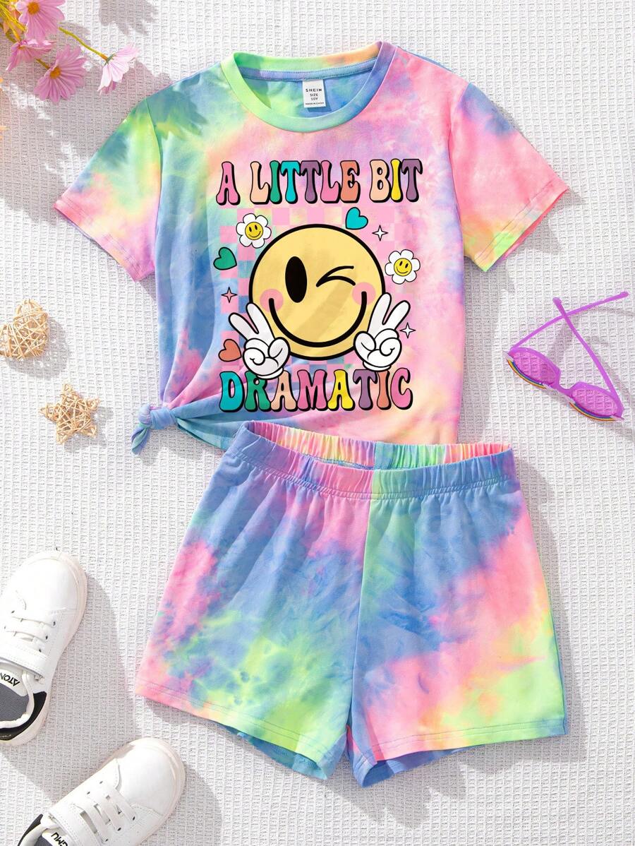 2 件套年轻女孩休闲扎染笑脸和棋盘格印花短袖 T 恤 + 短裤套装，夏季 - 彩色 - 查看 1