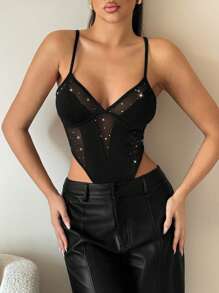 SHEIN ICON Rhinestone Mesh Splice Cup Detail High Waist Hollow Out Bodysuit - Black - View 5