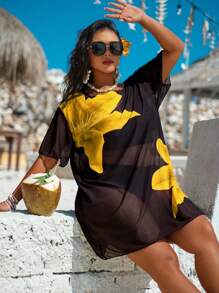 Swim Vcay Große Größen Netz bedruckter locker geschnittener Kurzarm Strandblusentop für Damen