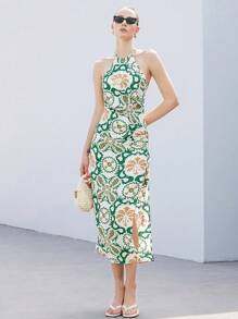 SHEIN Privé Bohemian Jacquard Vacation Halter High Split Ruched Open Back Sleeveless Dress For Women