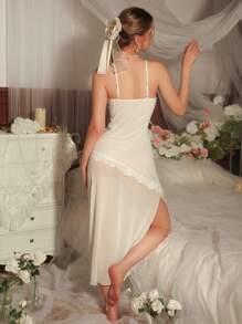 DelicateAllure Spaghetti Strap Mesh & Contrast Lace Sexy Women Nightgown, Holiday Season - White - View 4