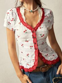 Bohemela Blusa de punto ajustada con cuello en V y estampado floral para mujeres, estilo minimalista apropiado para el verano