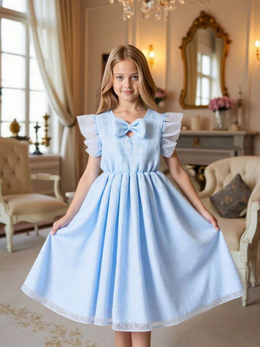 SHEIN Tween Girl White Dress Lace And Mesh Partywear With Hearted Shape Emboridery Parrtern Tween Girl Elegant Style Dress - Blue - View 1