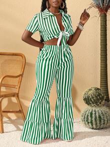 Slaydiva Spring/Summer New Music Festival, Easter, Nashville, Birthday Party, Graduation Season, Student, Daily, Casual, Vacation, Cruise Travel, Beach, Sunbathing Striped Print Top And Tie-Up & Ruched Wide Leg Pants Women Set - Green - View 3