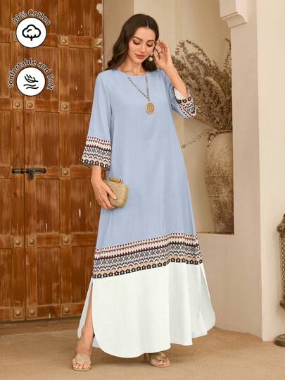 Al Najma 圆领拼布花卉复古印花拼色女式连衣裙，春夏