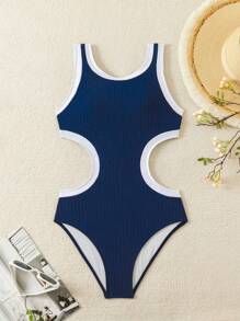 Swim SPRTY Summer New Blue Hollow Paneled Backless Sexy One-Piece Swimsuit