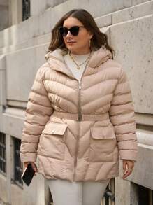 RueChic Plus Size Effen Kleur Winterjas met Riem