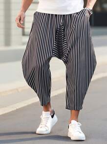 Manfinity Homme Heren gestreepte trekkoord taille drop crotch harem casual broek