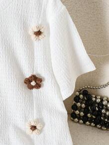 Girls Casual Vacation Ribbed Knit Top With 3D Floral Print & Side Slits,Holiday,Summer,Travel - White - View 4