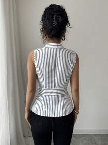 Elenzga Women's Striped Cinched Waist Ruffle Hem Blouse - Black and White - View 2