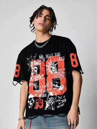 Grunge Punk Herren Rundhals Kurzarm Shirt mit Buchstaben Muster, Lässig Alltags Trageweise