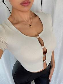 SHEIN ChicEase Áo thun nữ cổ tròn tay ngắn màu trơn thường ngày, thích hợp cho mùa hè, thiết kế khoét lỗ - Màu be - Xem 6
