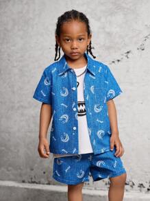 SHEIN 2pcs/Set Young Boy Casual School Short Sleeve Shirt + Printed T-Shirt + Shorts, Suitable For Sports, Outdoors, School, Spring/Summer Seasons - Blue - View 5