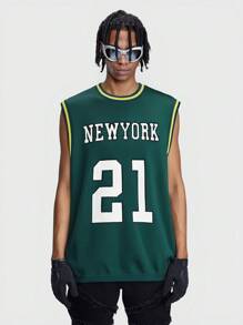 ROMWE MEN Prep Men's Jersey Digital Pattern Round Neck Sleeveless Basketball Sport Knit Top