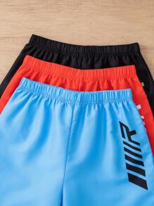 Set de 3 piezas de pantalones cortos casuales con estampado de letras para niños preadolescentes, conjunto de traje de baño para playa, natación y surf - Multicolor - Ver 4