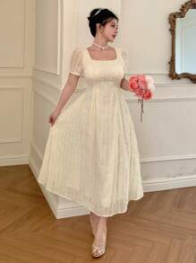 DAZY Women's Mid-Length Patchwork Square Neck Puff Sleeve Dress Maxi Dress - Apricot - View 6