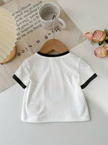 SHEIN Happikins Baby Girl Cute Cartoon Smiling Face, "Be Happy" English Text, Colorblock Casual Simplicity Short Sleeve Round Neck Top, Suitable For Summer - Multicolor - View 3