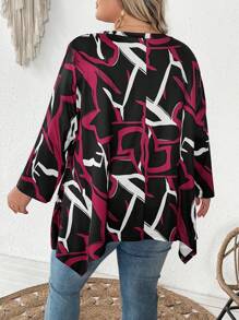 SHEIN CURVE+ Camiseta suelta de manga 3/4 con cuello redondo y bajo asimétrico para mujer de talla grande, con estampados de San Valentín, rosa, corazón, lunares, amor, labios, Cupido, flores 3D