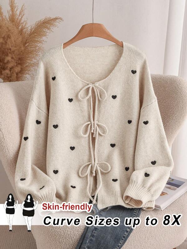 SHEIN CURVE+ Plus Size Women's Heart Shape Knitted Cardigan, French Elegant Fashion Sweater Outwear, Autumn/Winter, Off-Season