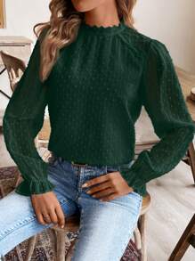SHEIN Frenchy Blusa con aplicación de encaje y manga con volante de lunares